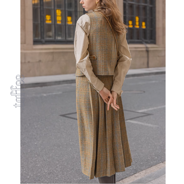 【3color】チェック柄リボン装飾ジレ＆ミモレ丈プリーツスカートセットアップ《Z00858》