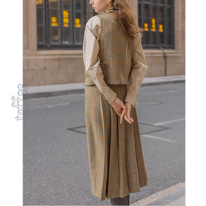 【3color】チェック柄リボン装飾ジレ＆ミモレ丈プリーツスカートセットアップ《Z00858》