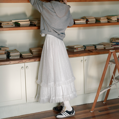 フリル＆メッシュホワイトロングスカート　Z00570