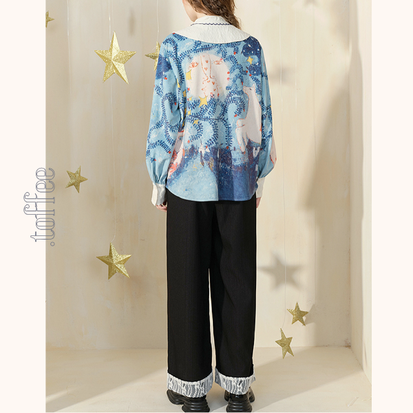 ポニーと星空の油絵プリントシャツ《Z00840》