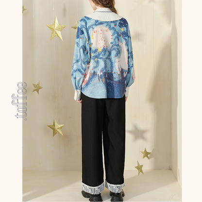 ポニーと星空の油絵プリントシャツ《Z00840》