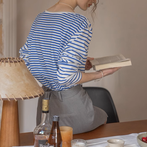 【2color】ボートネックストライプTシャツ《Z00852》