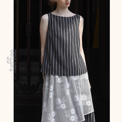 ストライプノースリーブトップ＆レース装飾ロングスカートセットアップ《Z01028》