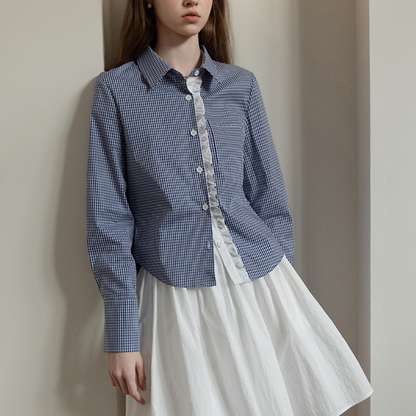 ギンガムチェック柄レースディテールシャツ　《Z00739》