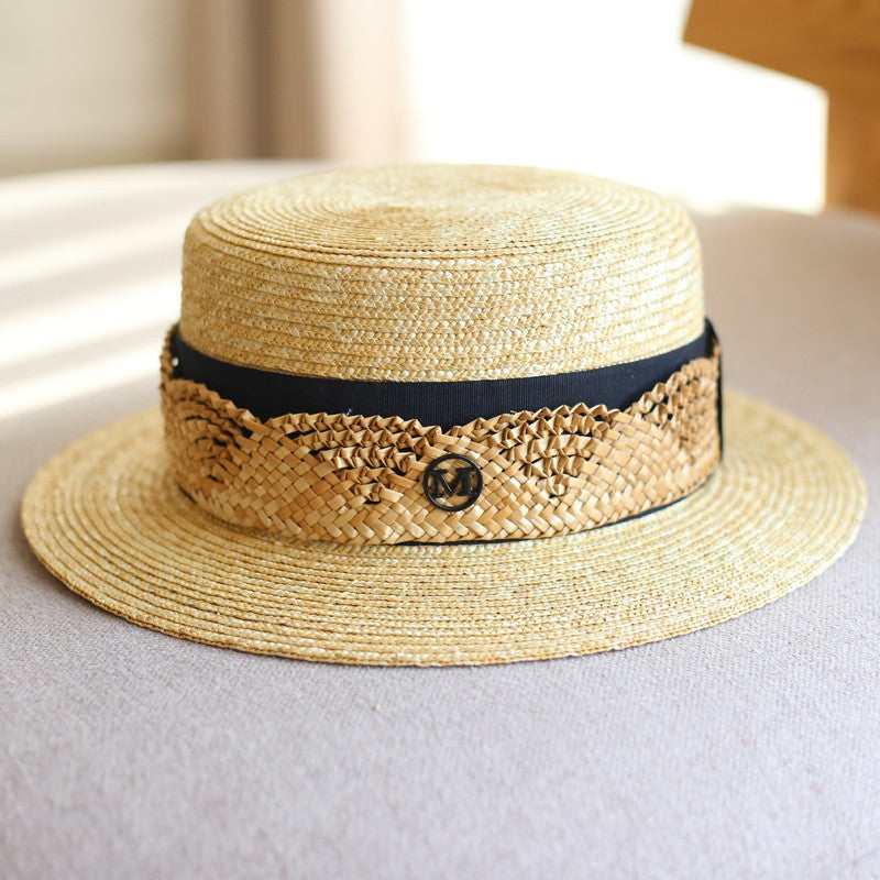 麦わら編み編みリボンのカンカン帽