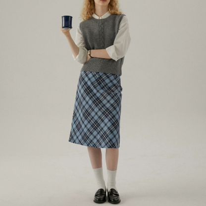 タータンチェックハイウエストミドル丈スカート X-440