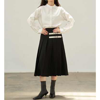 【2color】二つのベルト付きミモレ丈Aラインプリーツスカート Z00223