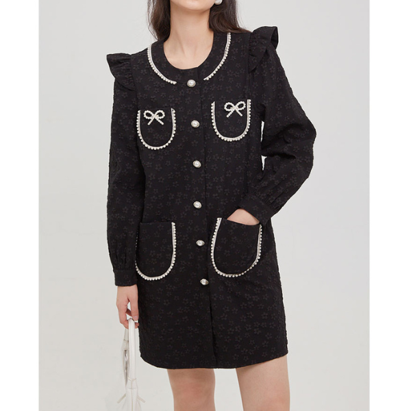 ふくれジャガードのブラックミニワンピース X-381