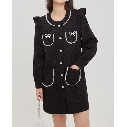 ふくれジャガードのブラックミニワンピース X-381