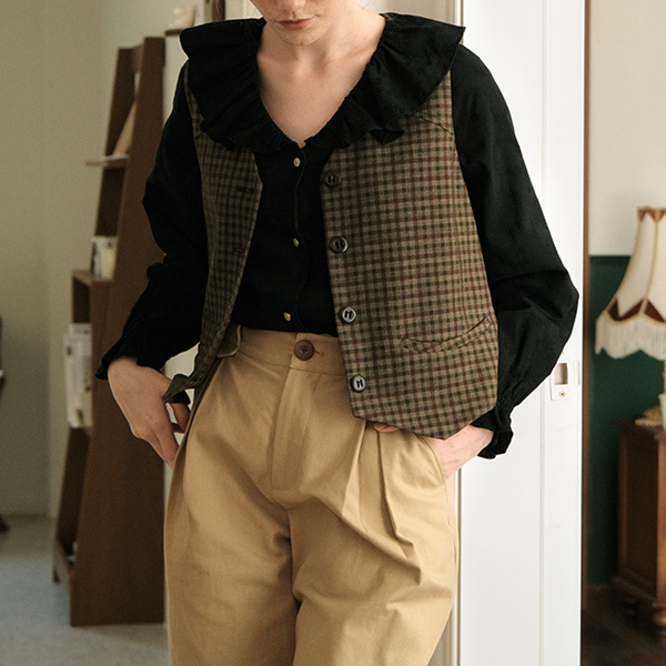 ブラウンチェック柄シングルブレストベスト　Z00507