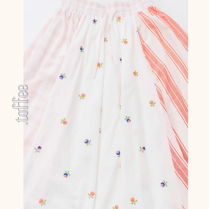 小花とストライプの切替プリーツスカート《Z01075》