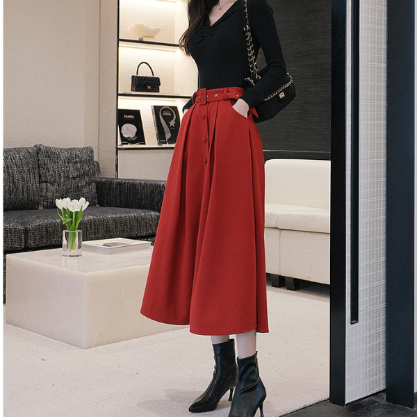 【2color】ベルテッドウールフレアスカート X-386