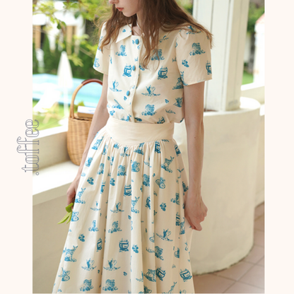 カントリー風アニマルプリント半袖シャツ＆ミドル丈スカートのセットアップ　《Z00751》