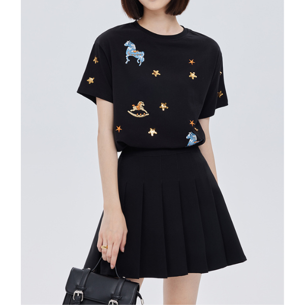 ポニーと星の刺繍入り半袖ニットトップ Z00203