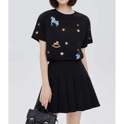 ポニーと星の刺繍入り半袖ニットトップ Z00203