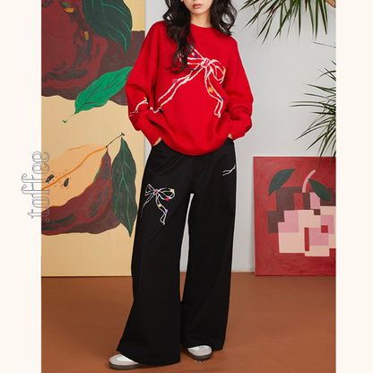 リボン刺繍ルーズストレートパンツ　《Z00700》