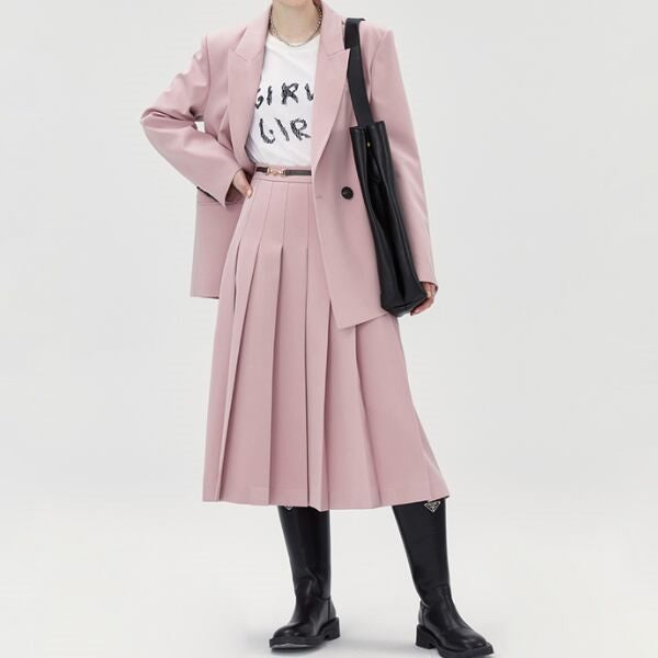 オーバーサイズジャケットとプリーツスカートのピンクセットアップ X-404