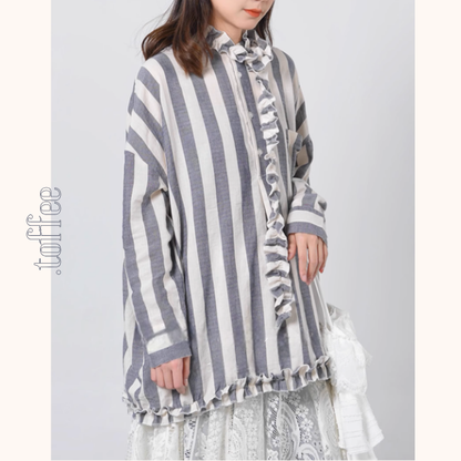 【2color】ストライプ柄フリル装飾シャツ《Z00894》