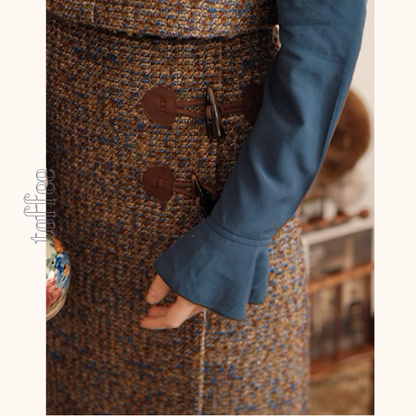 スクエアネックショートベスト＆ホーンボタン付きロングスカートセットアップ《Z00878》