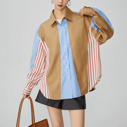 パッチワークストライプオーバーサイズロングスリーブシャツ《Z00951》