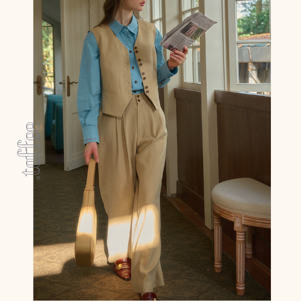 レトロ調シングルブレストベスト＆ハイウエストワイドパンツセットアップ　《Z00815》