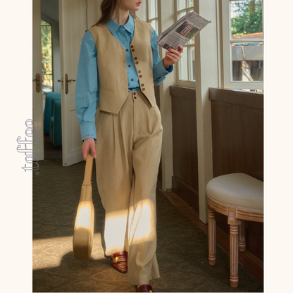 レトロ調シングルブレストベスト＆ハイウエストワイドパンツセットアップ　《Z00815》