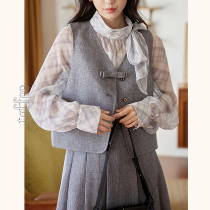 ボウタイ付きベスト＆ミモレ丈プリーツスカートのセットアップ《Z00850》