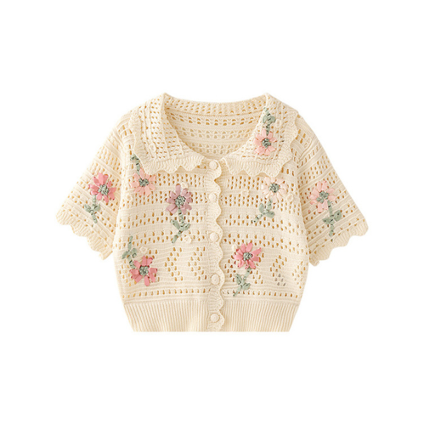 小花刺繡入りかぎ針編みニットトップ Z00216