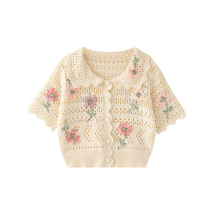 小花刺繡入りかぎ針編みニットトップ Z00216