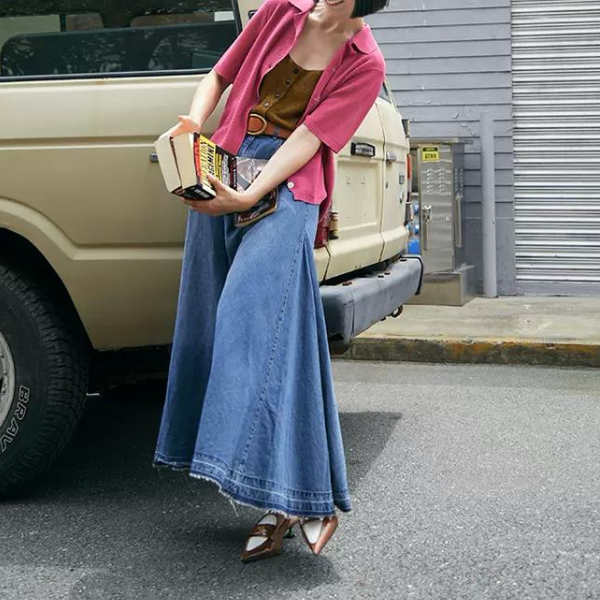 デニムミモレ丈フレアスカート w-012