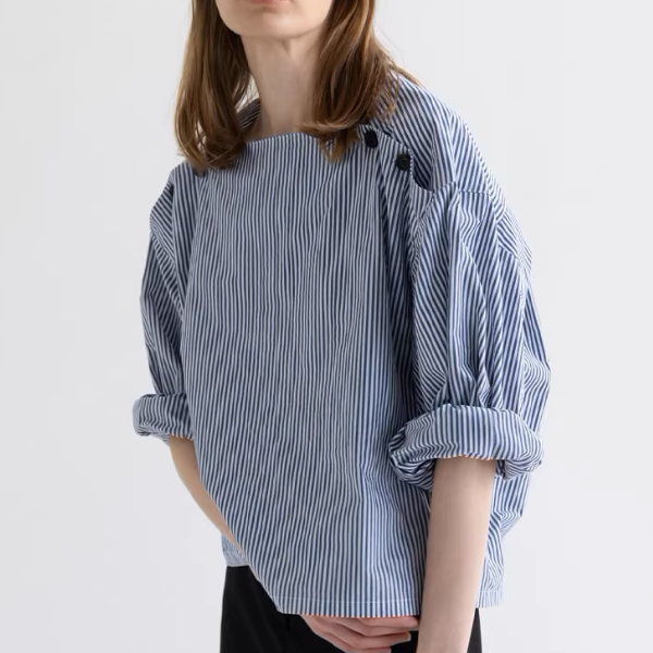 スクエアネックストライプドロップショルダーシャツ《Z00906》