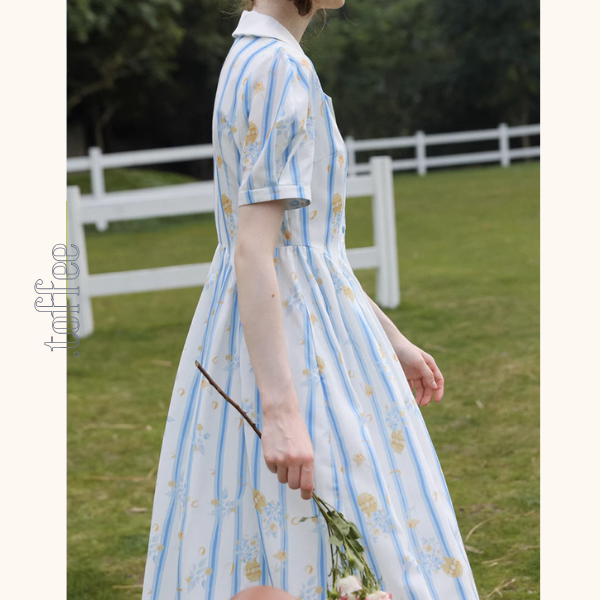 花柄＆ストライプフレンチシャツワンピース《Z00879》