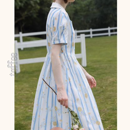 花柄＆ストライプフレンチシャツワンピース《Z00879》