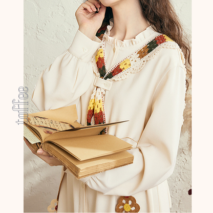 マルチカラーかぎ編みレースタイ付きAラインワンピース　《Z00678》