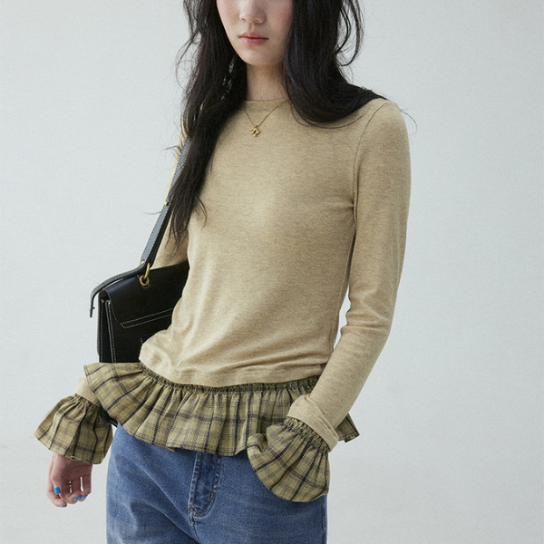 チェック柄ティアードデザインスリムトップ《Z00836》