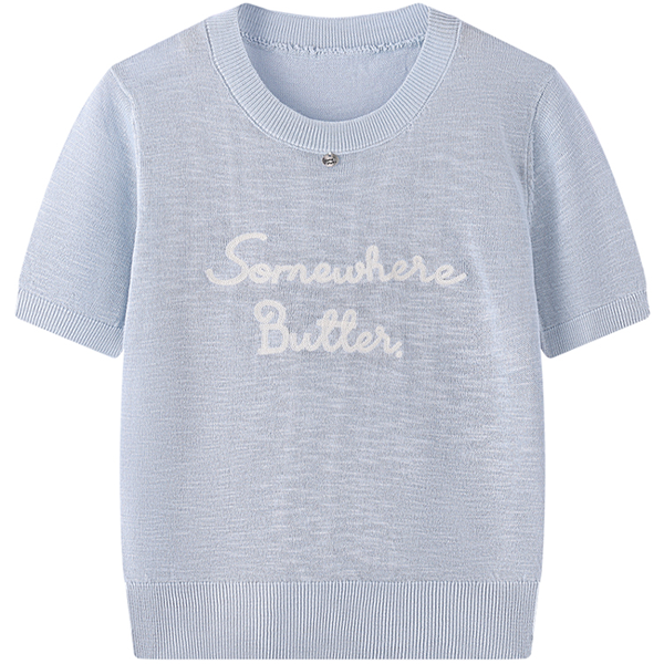 【7color】レター刺繍入りクルーネック半袖ニット　Z00393