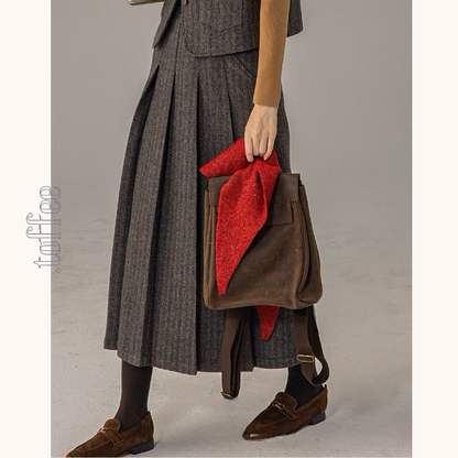 【2color】ベルトディテールチェック柄ベスト＆ロングプリーツスカートセットアップ《Z00856》