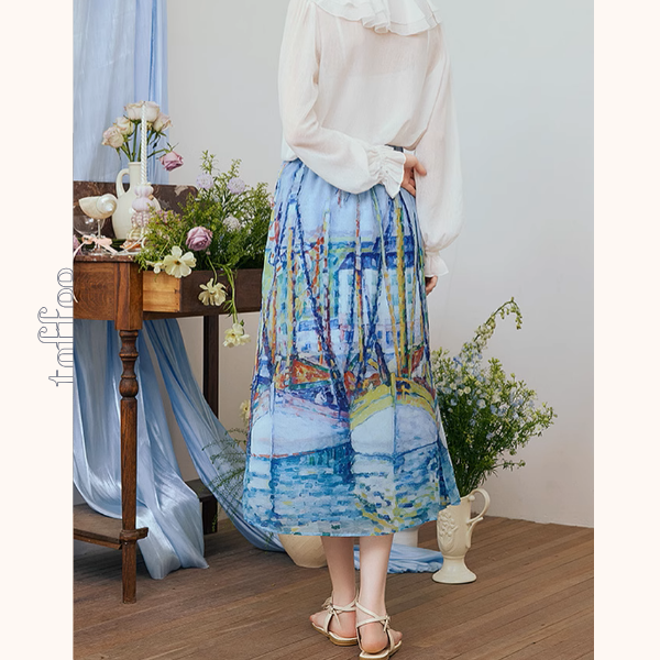 油絵プリントロングシフォンスカート《Z00974》