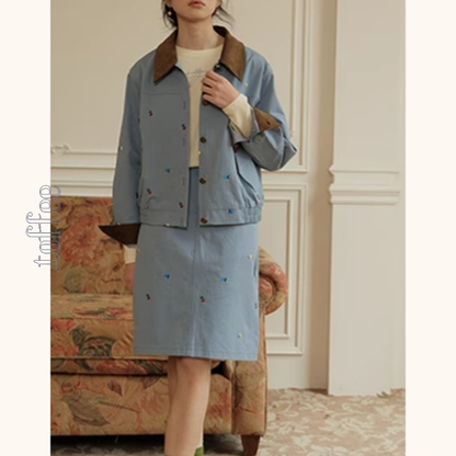 【2color】マルチカラー刺繍入りデニムセットアップ　Z00499