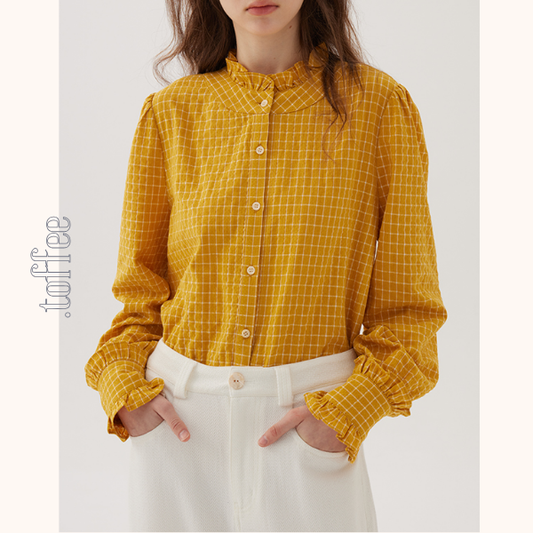 フリルネックチェック柄スリムシャツ《Z00848》