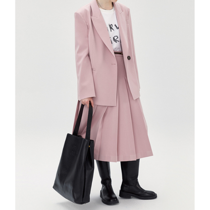 オーバーサイズジャケットとプリーツスカートのピンクセットアップ X-404