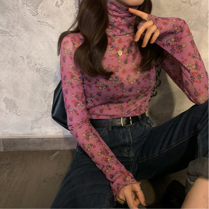 【5color】レトロな花柄シースルートップス Z00105