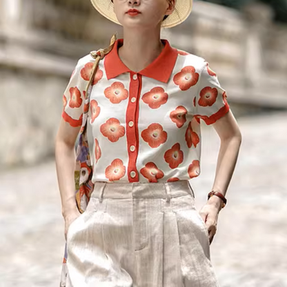 【2color】フラワープリントバイカラーポロシャツ《Z00981》