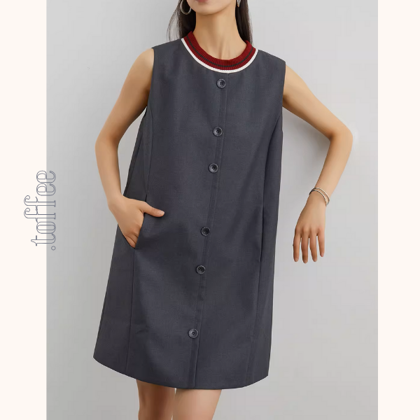 コントラストカラーフロントボタンノースリーブミニワンピース《Z00945》