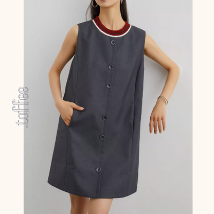 コントラストカラーフロントボタンノースリーブミニワンピース《Z00945》