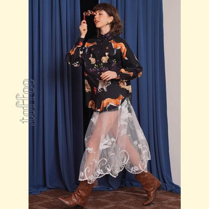 舞い踊る鳥達：幻想的レトロレース ロングスカート 《C0215》