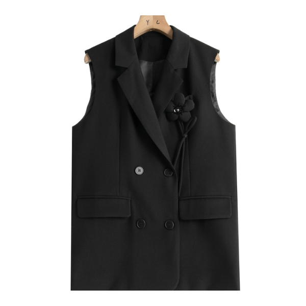 【2color】フラワーブローチ ダブルブレスト ベストジャケット X-427