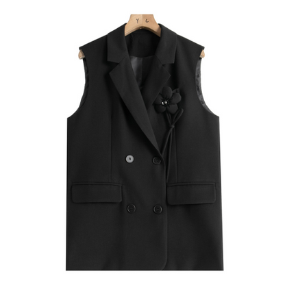 【2color】フラワーブローチ ダブルブレスト ベストジャケット X-427