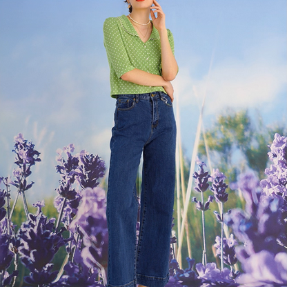 【2color】レトロ可愛いドット柄クロップドニット《Z01050》