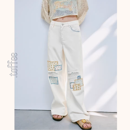 パッチワーク小花刺繍ワイドパンツ《Z01033》